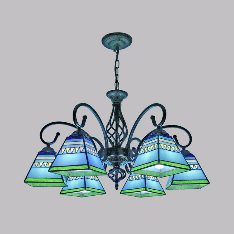 Stained Art Glass Pyramid Chandelier For Restaurants - Antique Inspired Ceiling Lighting Fixture