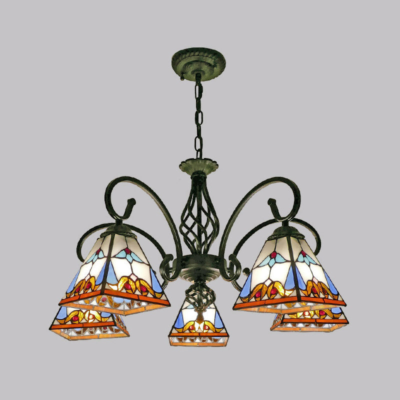 Pyramid Stained Art Glass Chandelier - Antique Style Ceiling Lighting for Restaurants