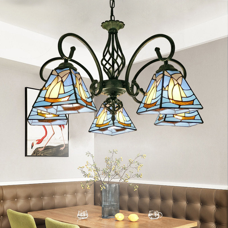 Stained Glass Pyramid Chandelier - Traditional Pendant Light For Dining Room 5 / Blue