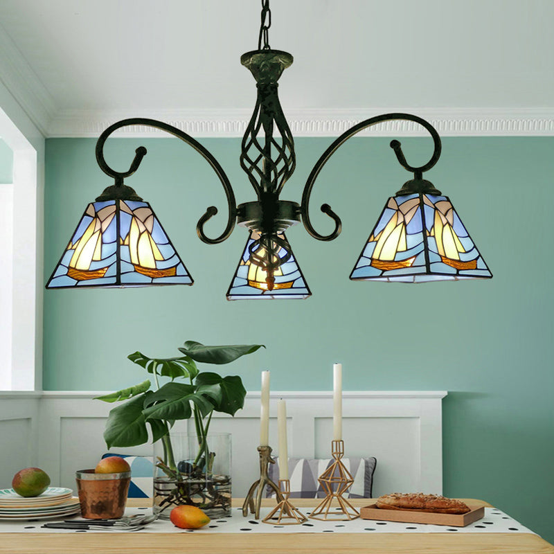 Stained Glass Pyramid Chandelier - Traditional Pendant Light For Dining Room 3 / Blue