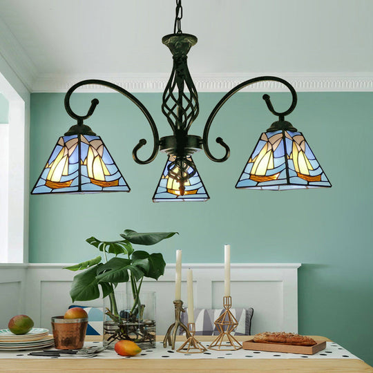 Stained Glass Pyramid Chandelier - Traditional Pendant Light For Dining Room 3 / Blue