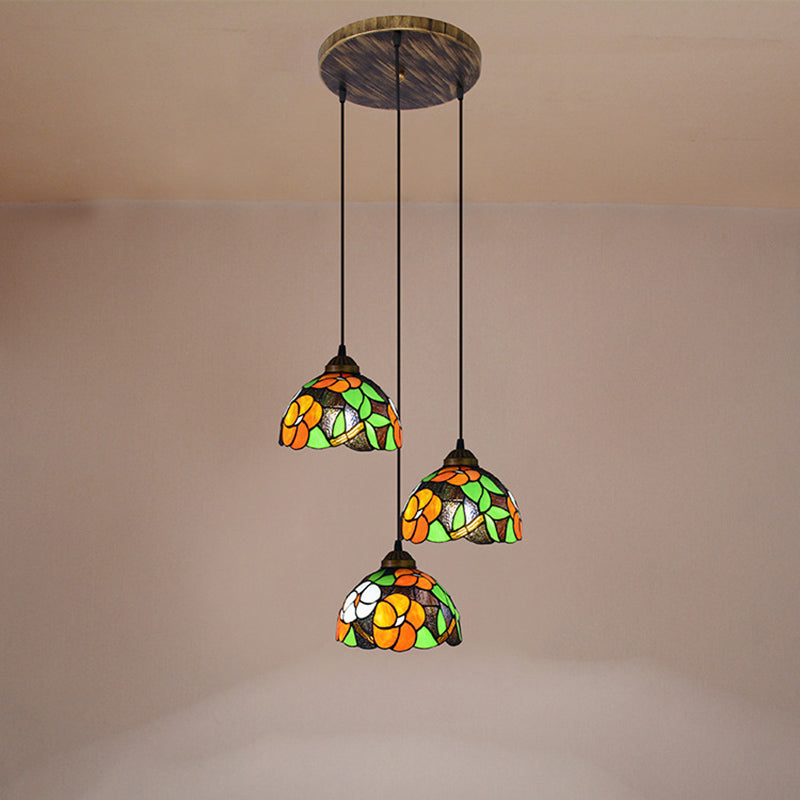 Vintage Dome Shade Stained Art Glass Multi-Light Pendant with 3 Orange Bulbs - Stylish Hanging Lighting