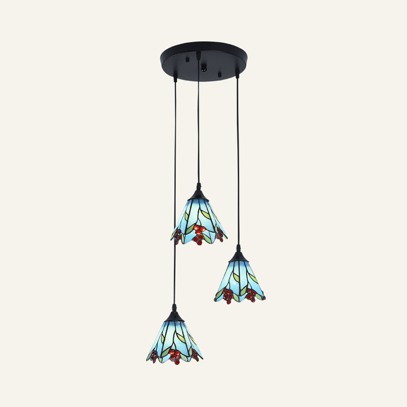 Handcrafted Tiffany-Style Bell Ceiling Lamp With 3 Bulbs And Multi-Colored Glass Suspension Blue /