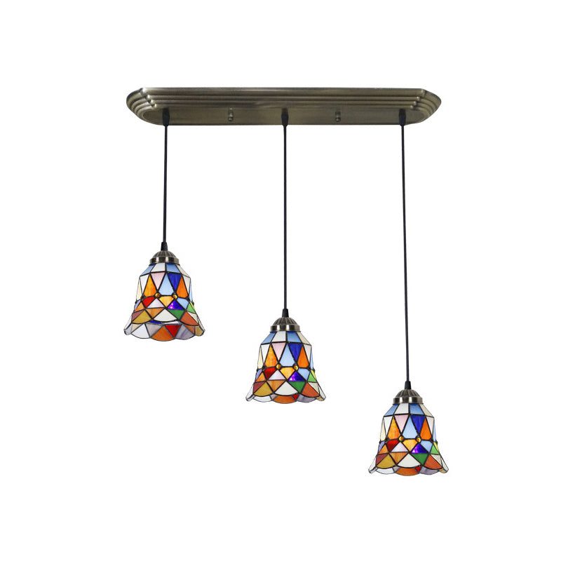 Traditional 3-Head Stained Glass Pendant Light in Bronze with Shaded Hanging Design