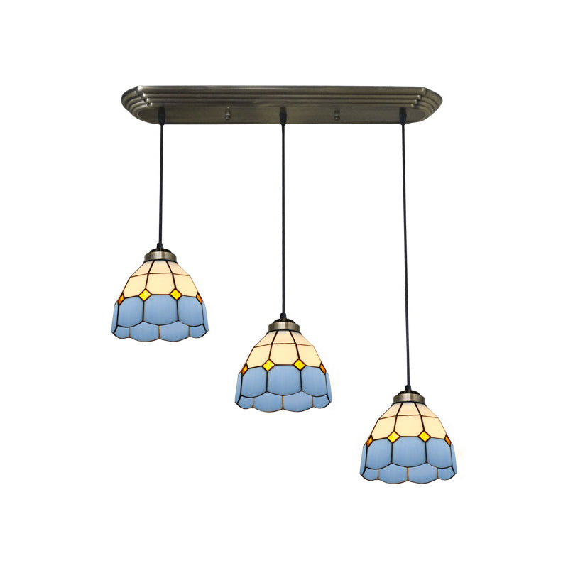 Bronze Stained Glass Pendant Light With Traditional Shade Design - 3 Heads / Blue Square