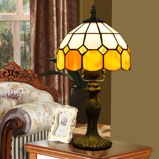 Yellow Single-Bulb Nightstand Lamp With Classic Gridded Glass Design - Perfect For Living Room