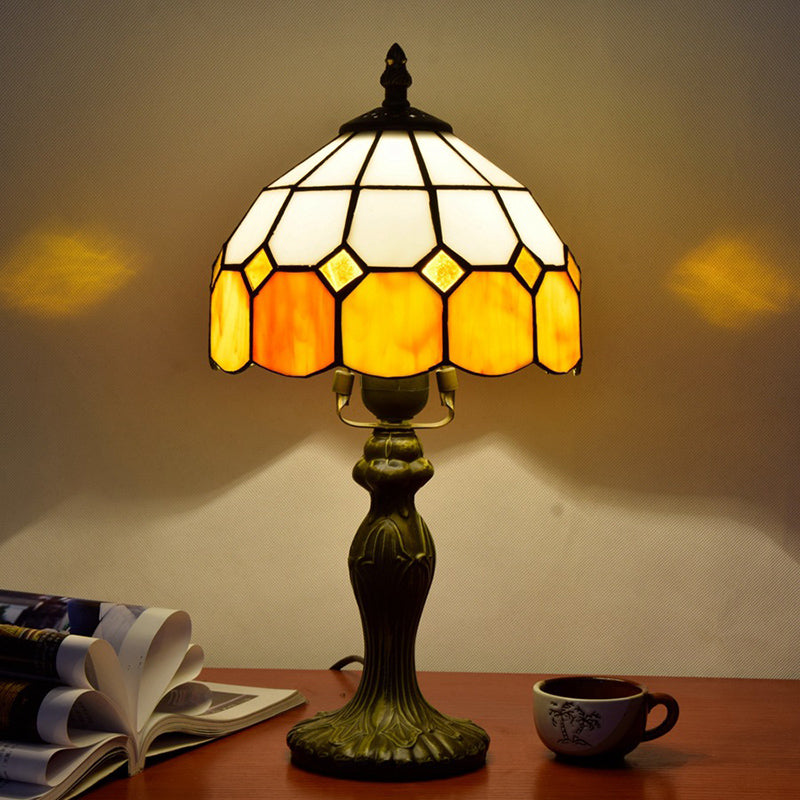 Yellow Single-Bulb Nightstand Lamp With Classic Gridded Glass Design - Perfect For Living Room