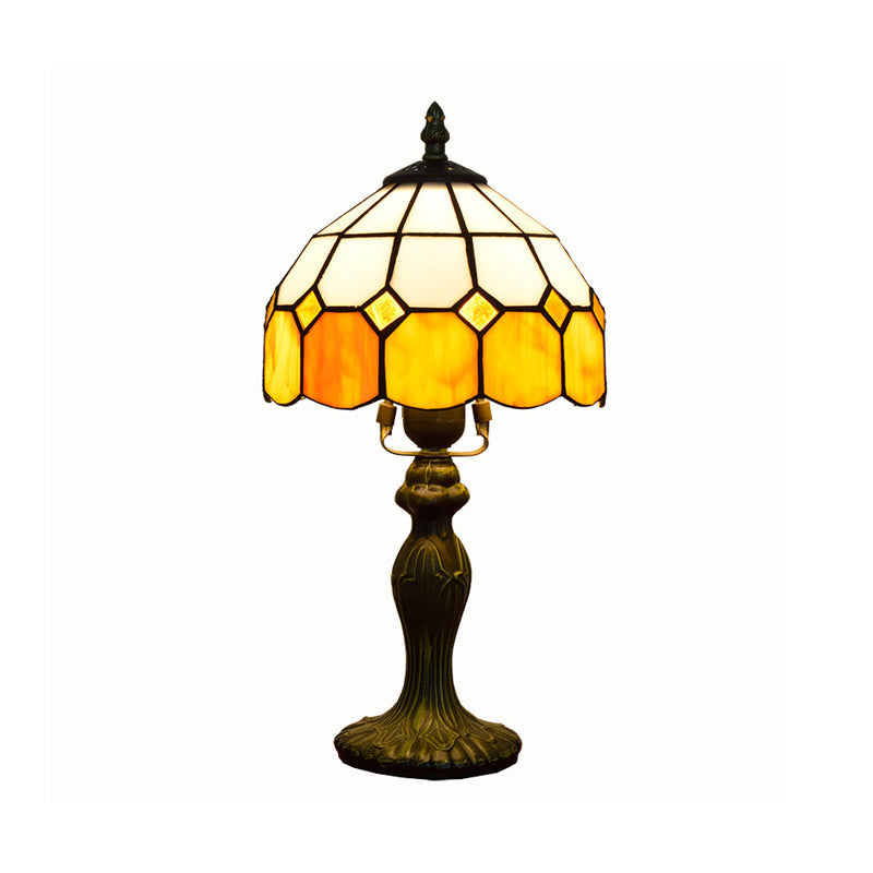 Yellow Single-Bulb Nightstand Lamp With Classic Gridded Glass Design - Perfect For Living Room