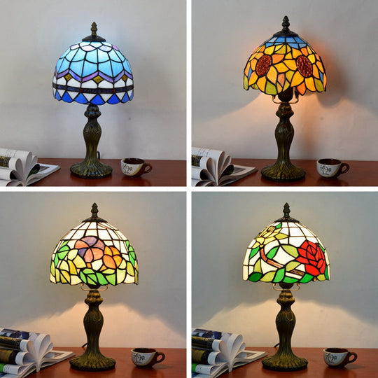 Tiffany Style Dome Table Lamp For Bedroom - Single-Bulb Stained Art Glass Nightstand Light