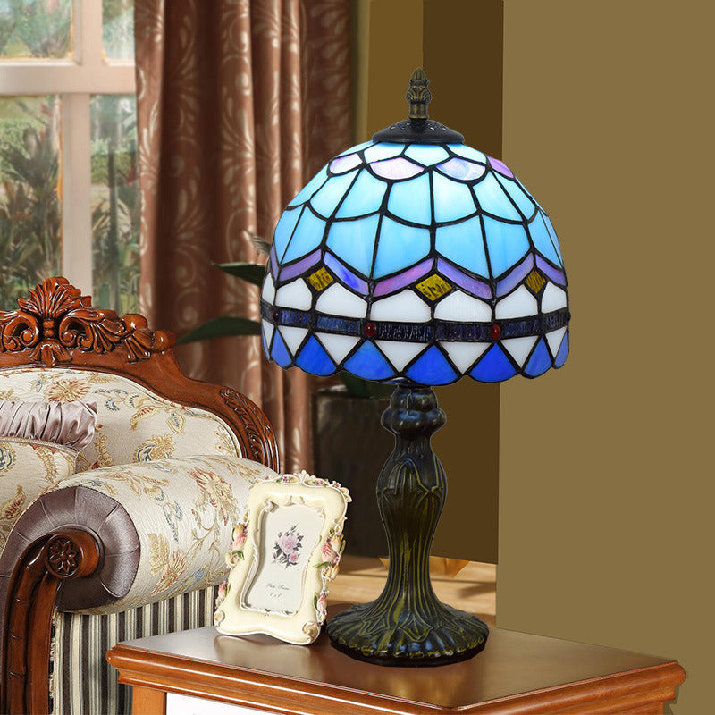 Mediterranean Dome Gridded Glass Table Lamp - Blue Nightstand Light For Living Room