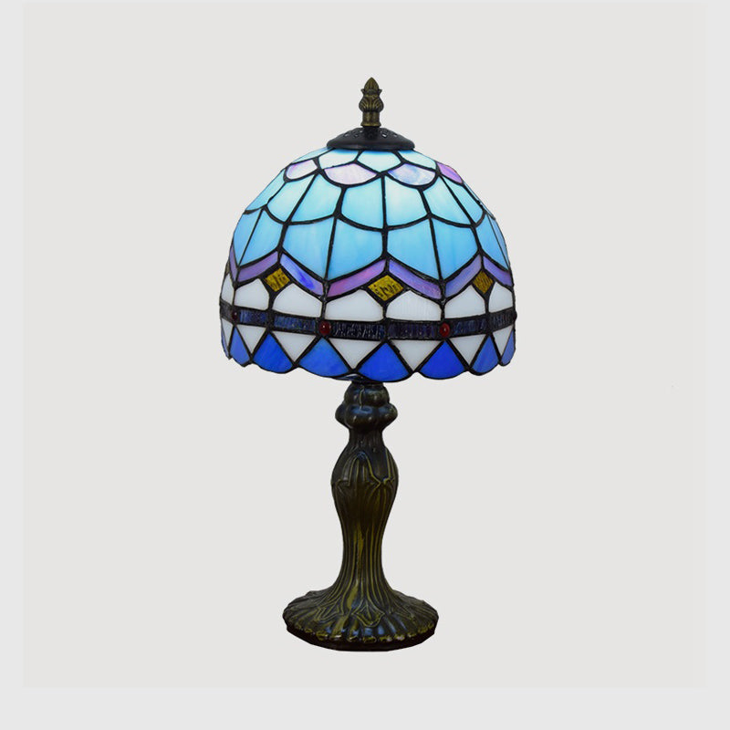 Mediterranean Dome Gridded Glass Table Lamp - Blue Nightstand Light For Living Room