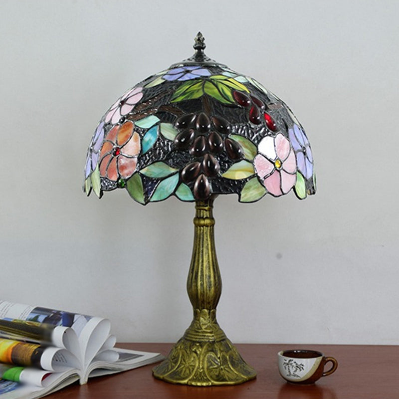 Tiffany Stained Glass Nightstand Lamp With Flower And Grape Pattern