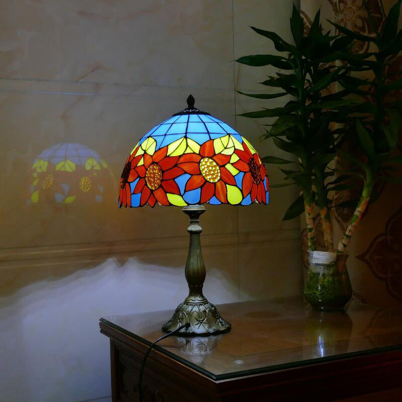 Sunflower Pattern Nightstand Lamp - 2 Head Stained Glass Table Lighting With Pull Chain Antique