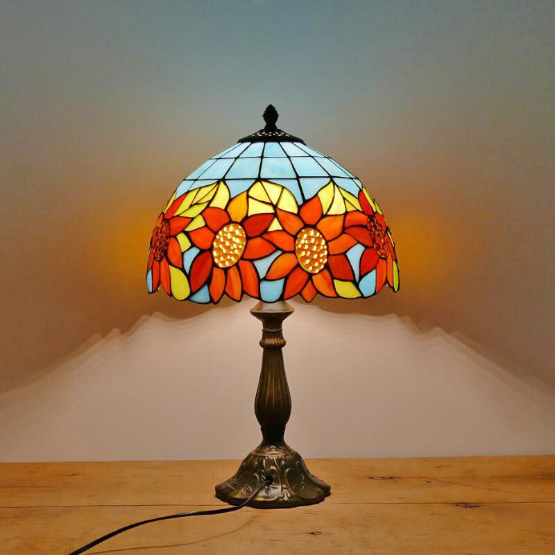 Sunflower Pattern Nightstand Lamp - 2 Head Stained Glass Table Lighting With Pull Chain Antique