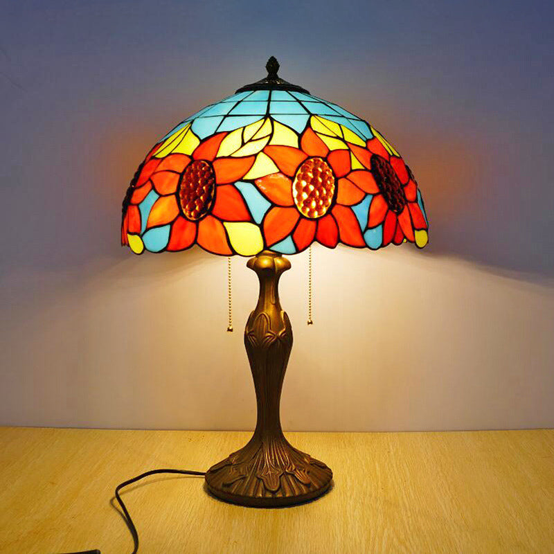 Sunflower Pattern Nightstand Lamp - 2 Head Stained Glass Table Lighting With Pull Chain Antique