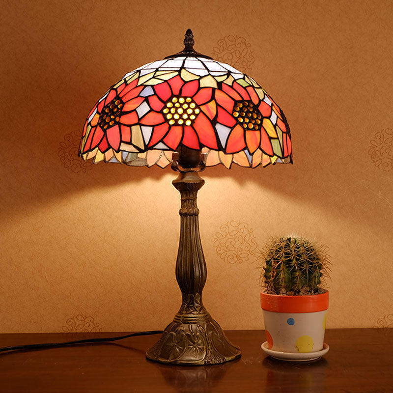 Orange Stained Glass Nightstand Lamp - Bowl Shade Sunflower Pattern Classic Table Lighting