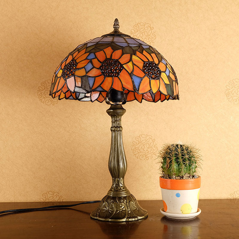 Orange Stained Glass Nightstand Lamp - Bowl Shade Sunflower Pattern Classic Table Lighting