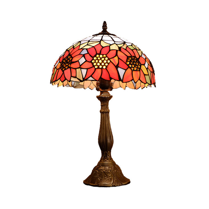 Orange Stained Glass Nightstand Lamp - Bowl Shade Sunflower Pattern Classic Table Lighting