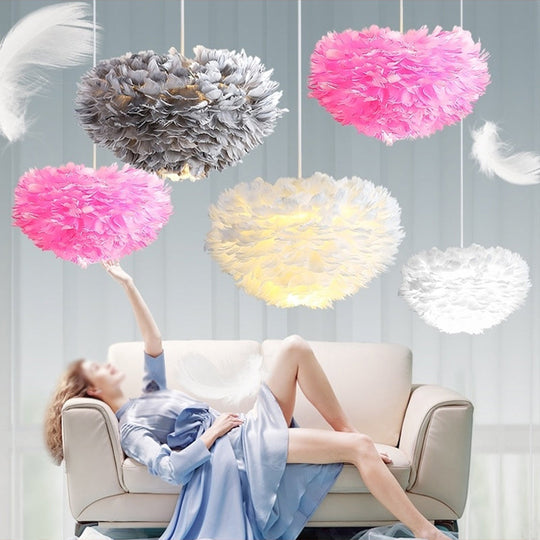 Minimalistic Feather Chandelier Light for Girls Bedroom Ceiling - Hemisphere Shaped Fixture