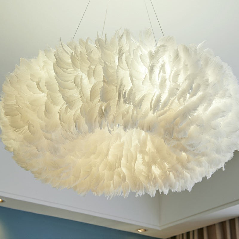 Minimalist White Feather Chandelier Pendant Light for Girls' Bedroom