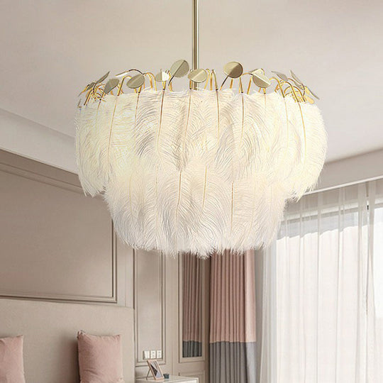 Nordic Style Feather Round Chandelier Light - Gold Pendant Fixture For Nursery / 2 Tiers