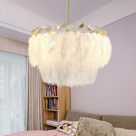 Nordic Style Feather Round Chandelier Light - Gold Pendant Fixture For Nursery