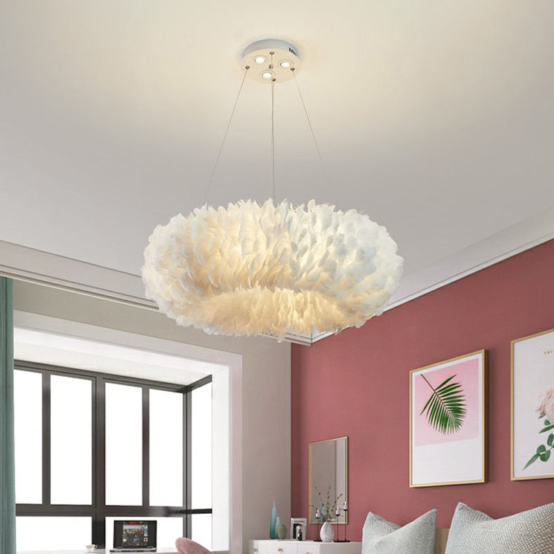 White Feather Hanging Lamp: Round Ceiling Light for Girls' Bedroom - Simplicity & Style