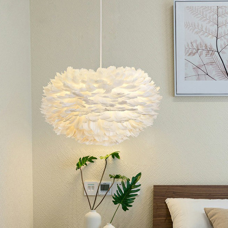 White Feather Hanging Lamp: Round Ceiling Light for Girls' Bedroom - Simplicity & Style