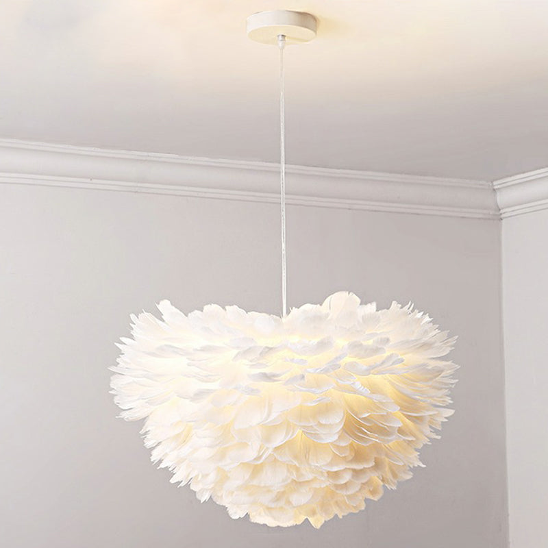 White Feather Hanging Lamp: Round Ceiling Light for Girls' Bedroom - Simplicity & Style