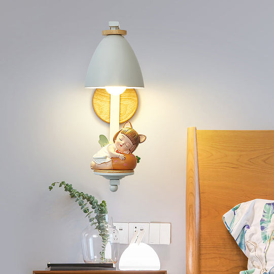 Metallic Cone Wall Lamp In Nordic Style With Figurine Decor For Kids Bedroom - White Light Fixture /