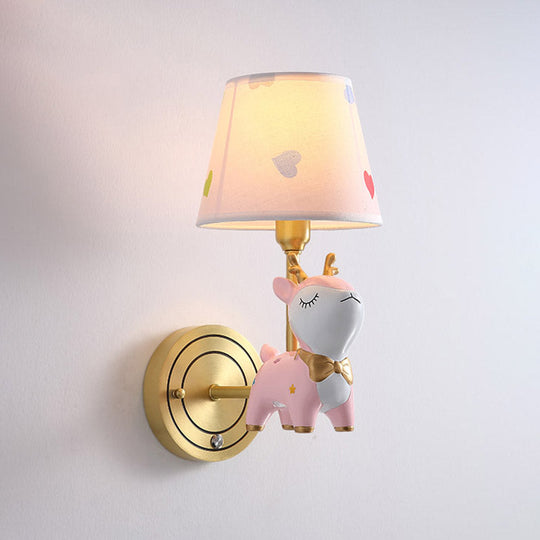 Kids Deer Wall Mount Light Resin Child Room Lighting With Pink Fabric Shade