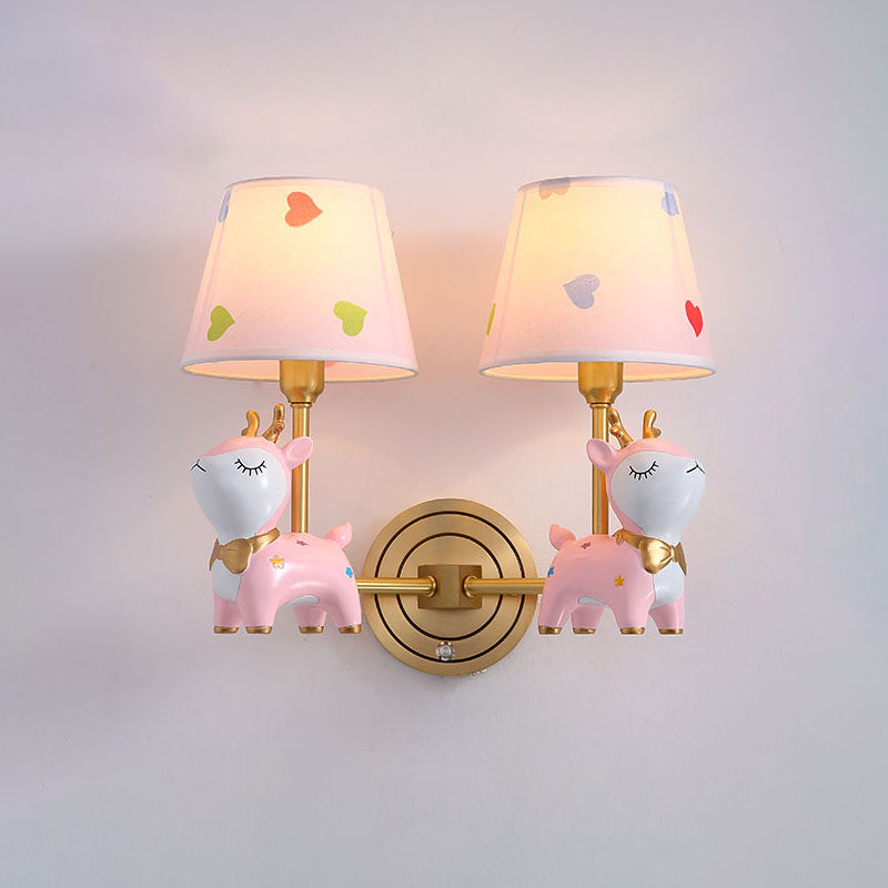 Kids Deer Wall Mount Light Resin Child Room Lighting With Pink Fabric Shade