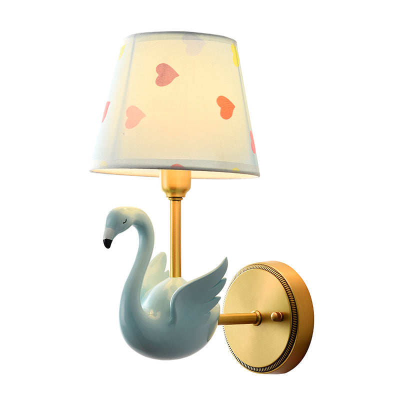 Patterned Fabric Kids Wall Lamp With Swan Design - Empire Shade Bedside Light