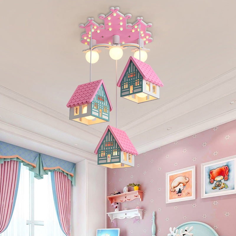 Kids Style Wooden House Shaped Pendant Light With 6 Heads Perfect For Child Room