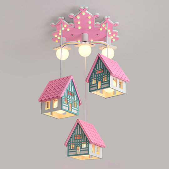 Kids Style Wooden House Shaped Pendant Light With 6 Heads Perfect For Child Room