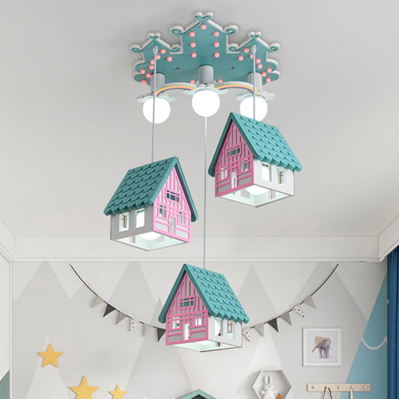 Kids Style Wooden House Shaped Pendant Light With 6 Heads Perfect For Child Room