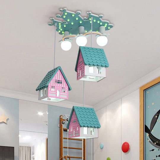 Kids Style Wooden House Shaped Pendant Light With 6 Heads Perfect For Child Room