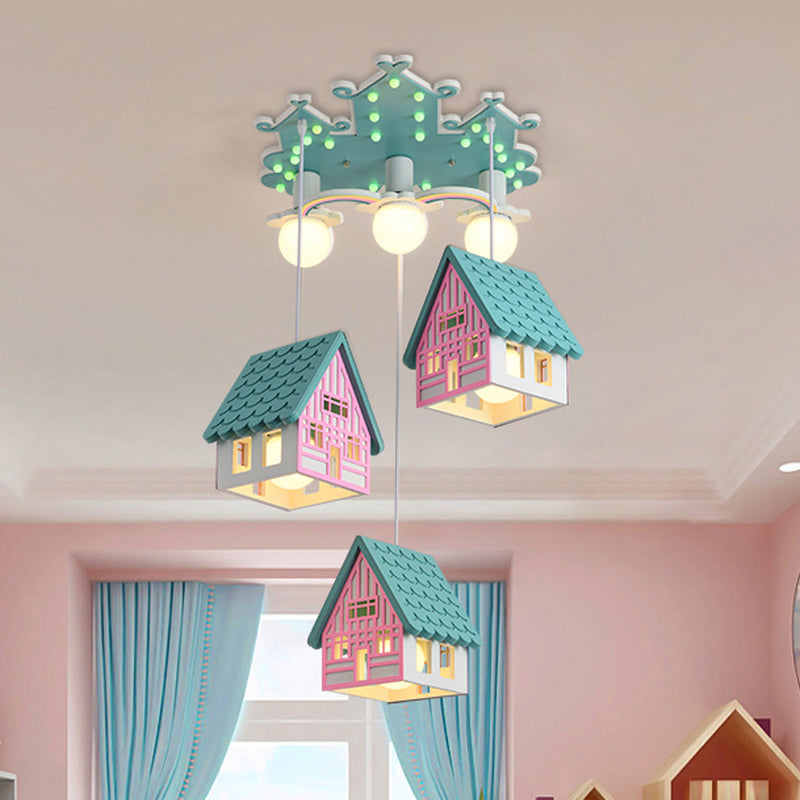 Kids Style Wooden House Shaped Pendant Light With 6 Heads Perfect For Child Room