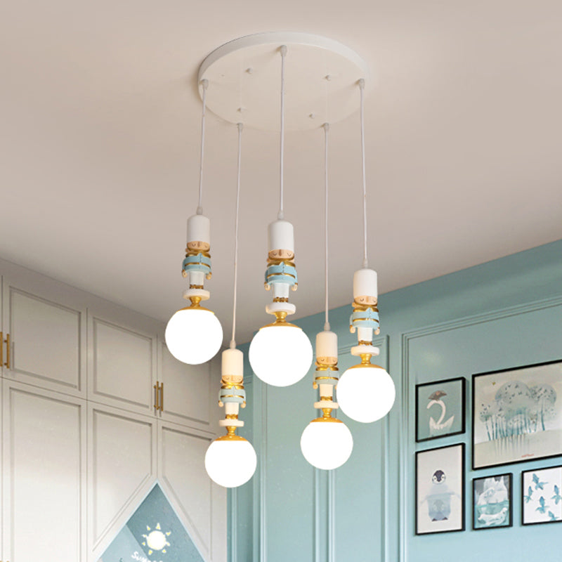 Kids Multi-Light Pendant With Cream Glass Sphere Shade & Decorative Figurine Bedroom Ceiling Light