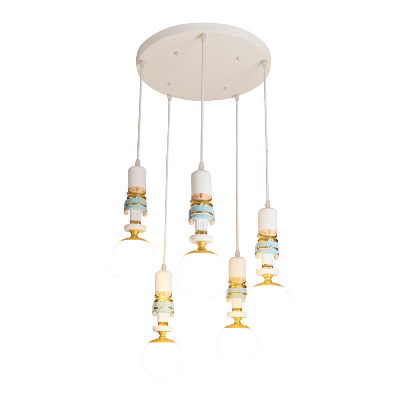 Kids Multi-Light Pendant With Cream Glass Sphere Shade & Decorative Figurine Bedroom Ceiling Light