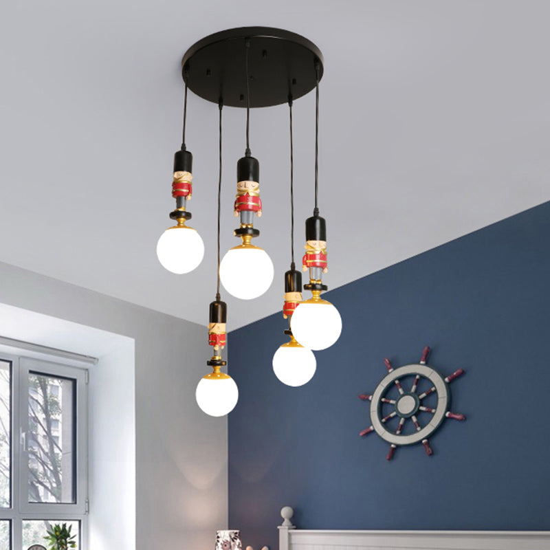 Kids Multi-Light Pendant With Cream Glass Sphere Shade & Decorative Figurine Bedroom Ceiling Light 5