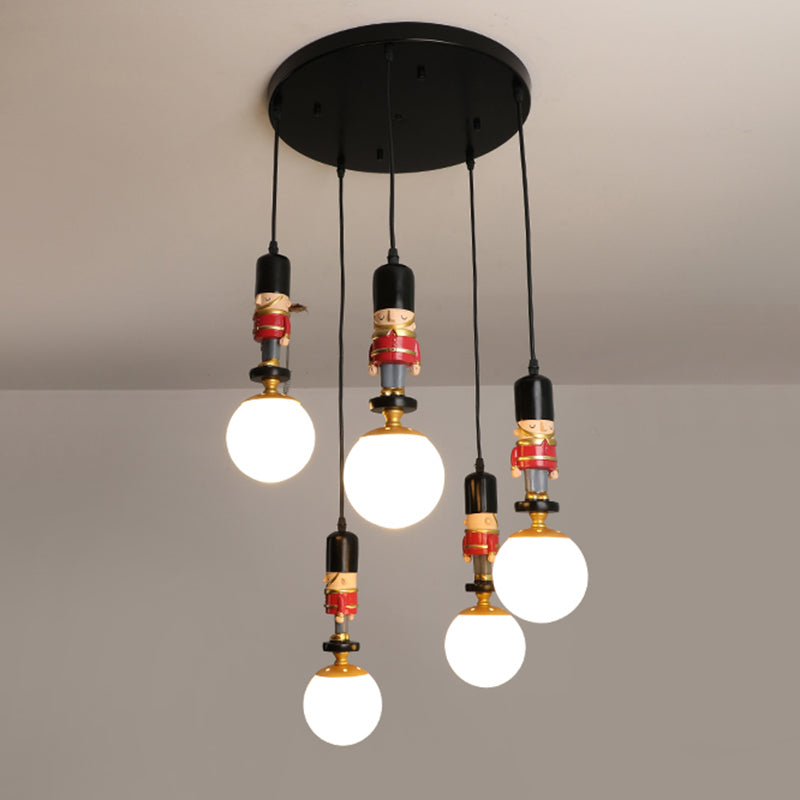 Kids Multi-Light Pendant With Cream Glass Sphere Shade & Decorative Figurine Bedroom Ceiling Light