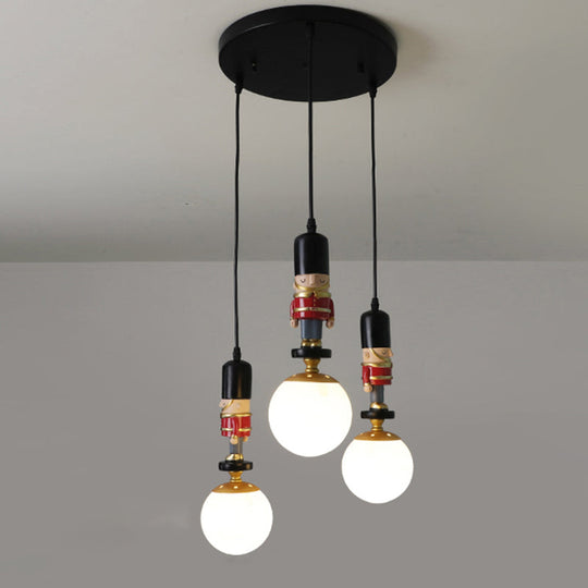 Kids Multi-Light Pendant With Cream Glass Sphere Shade & Decorative Figurine Bedroom Ceiling Light