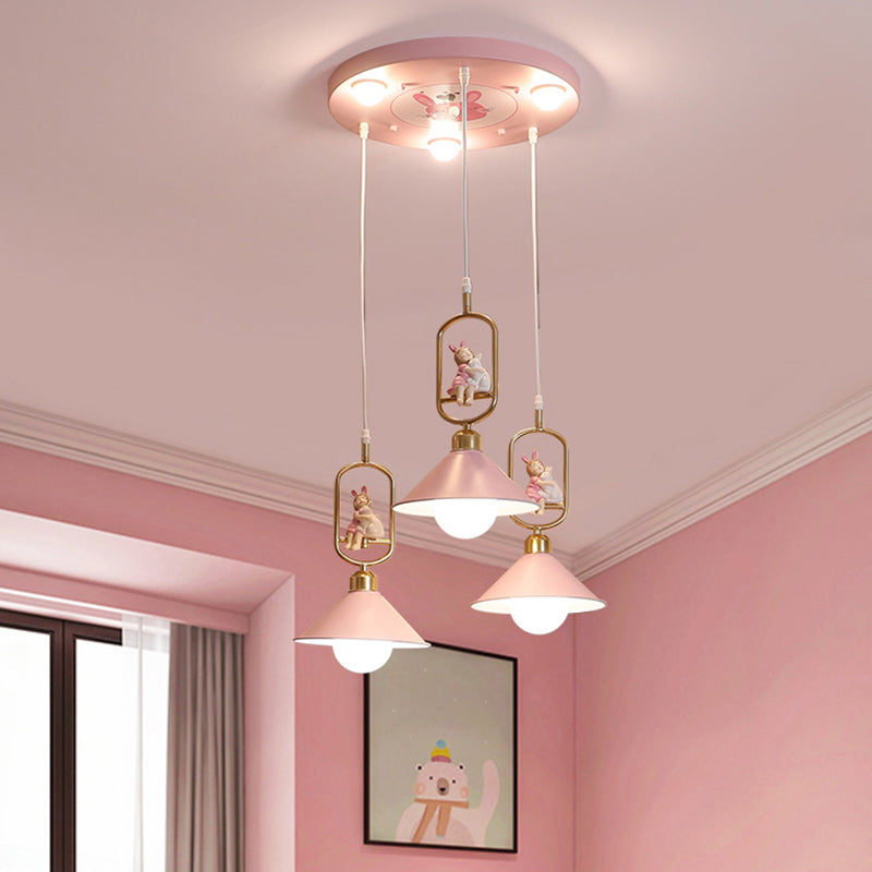 Cartoon Cone Shade Multi Ceiling Light - 6 Bulbs Nursery Suspension Lighting In Metallic Pink With