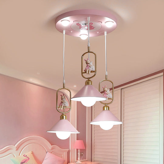 Cartoon Cone Shade Multi Ceiling Light - 6 Bulbs Nursery Suspension Lighting In Metallic Pink With