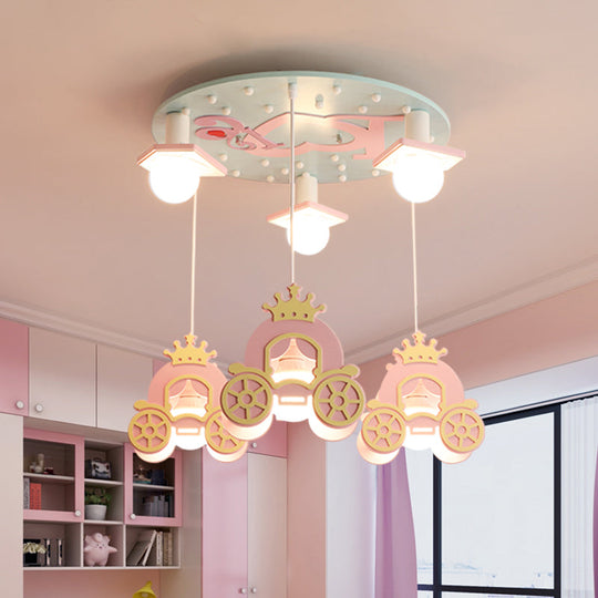 Princess Carriage Wooden Kids Ceiling Light - 6 Head Pink Lamp Pendant For Bedroom