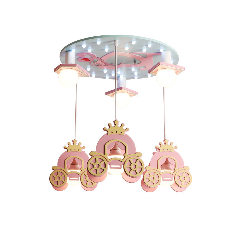 Princess Carriage Wooden Kids Ceiling Light - 6 Head Pink Lamp Pendant For Bedroom