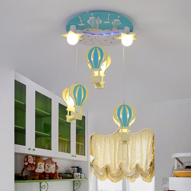 Wooden Hot Air Balloon Pendant Light | Kids Bedroom Hanging Lighting 5 Bulbs Included