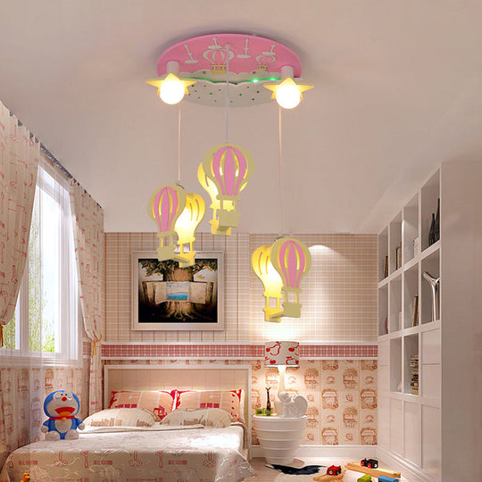 Wooden Hot Air Balloon Pendant Light | Kids Bedroom Hanging Lighting 5 Bulbs Included