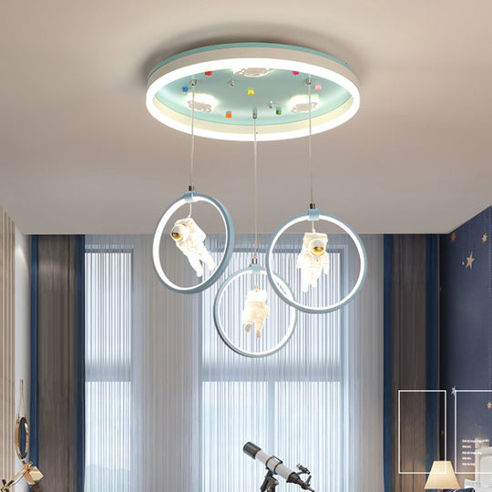 Kids Style Ring Shaped Metallic Ceiling Light - Green Led Suspension Lighting With Astronaut Decor